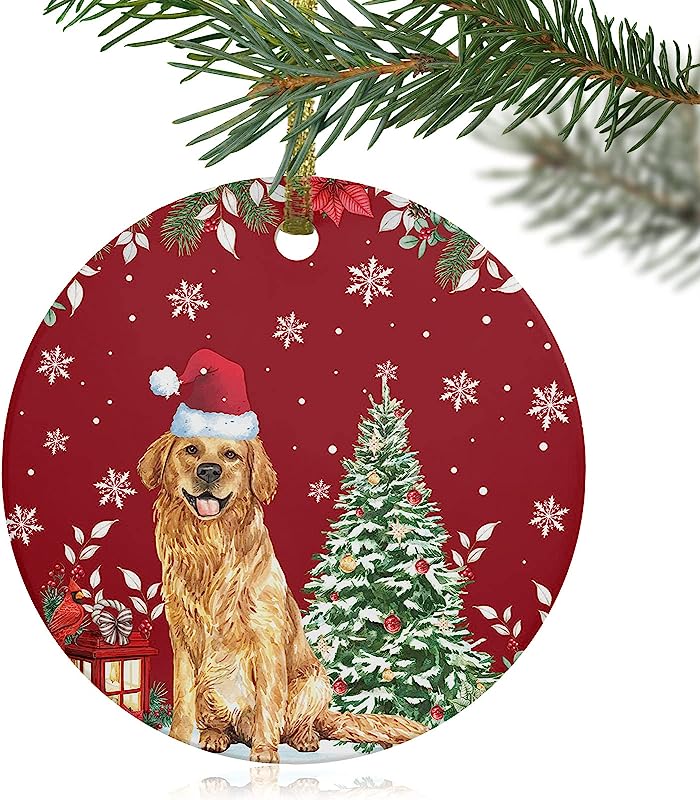 Christmas Ornaments, Lovely Golden Retriever Christmas Tree Ornaments Hanging Pendants Xmas Winter Snowflakes Red Ceramic Christmas Decoration For Party/Holiday/Wedding