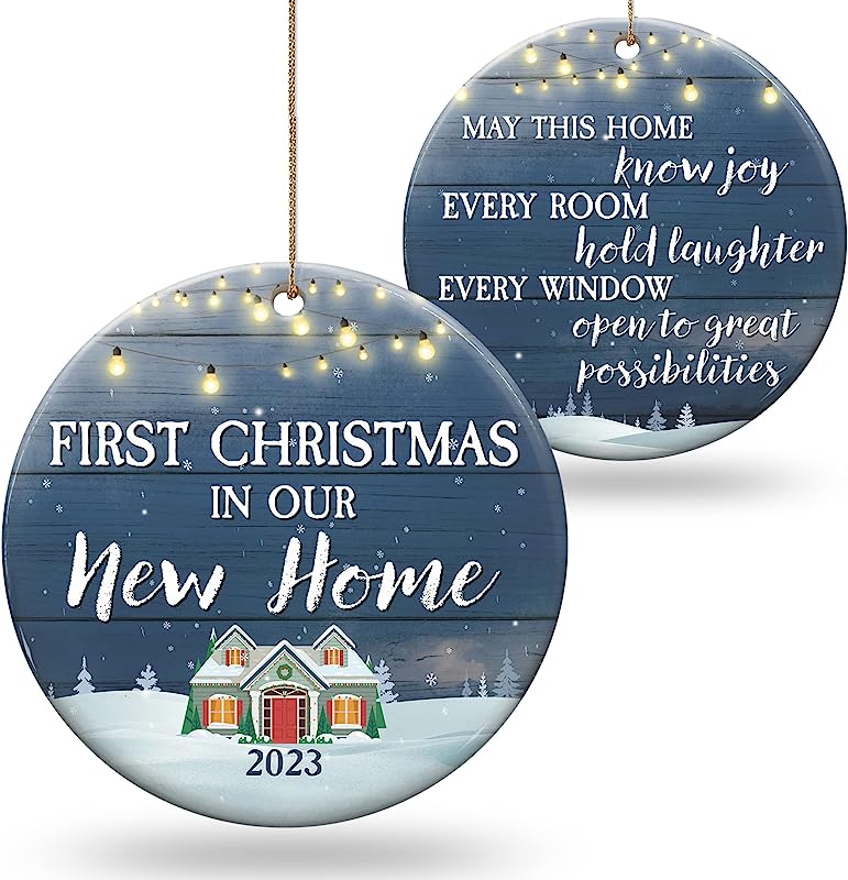 First Christmas In Our New Home - Christmas Ceramic Ornament New Home Gift For Couple, Parents, Friends - Christmas Tree Decorations Ornaments For New House With Ribbon And Gift Box(2.9")