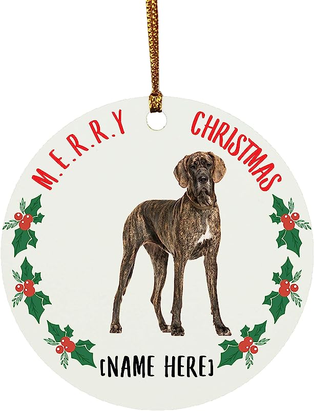 Personalized Name Great Dane Yellow Brindle Christmas Tree Ornaments Gifts New Years 2024 Decorations Circle Ceramic