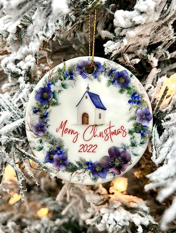 Merry Christmas Church Wreath Tree Ornament 3" In Diameter In Ceramic, House Warming Gifts For New Home For Couple, Newlyweds, For Friends, Gift Box Included