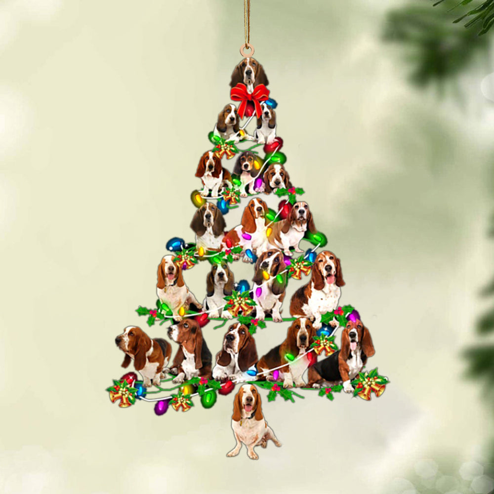 Ornament- Basset Hound-Christmas Tree Lights-Two Sided Ornament, Happy Christmas Ornament, Car Ornament