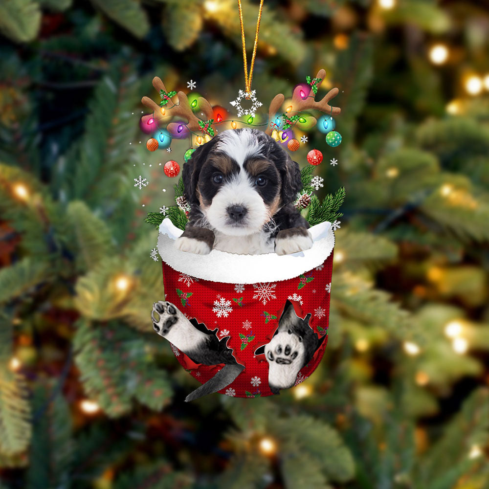 Bernedoodle In Snow Pocket Christmas Ornament Flat Acrylic Dog Ornament