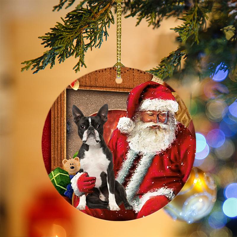 Godmerch- Ornament- Boston Terrier With Santa Christmas Ornament, Happy Christmas Ornament, Car Ornament