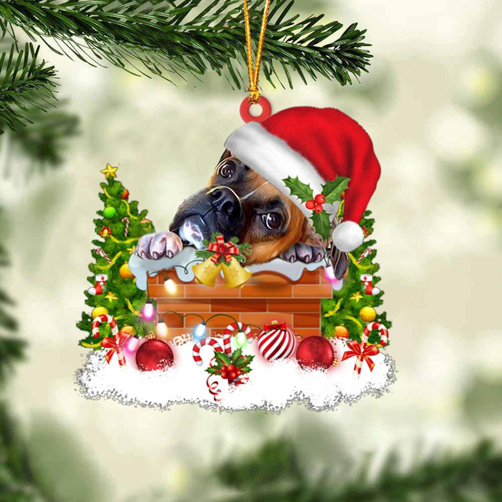 Boxer In The Chimney Hanging Ornament Dog Christmas Ornament