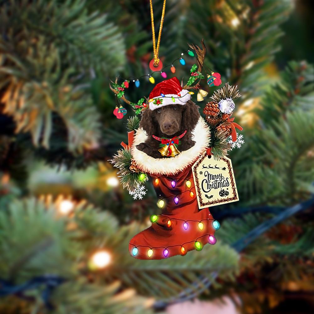 Ornament- CHOCOLATE Standard Poodle-Xmas Boot-Two Sided Ornament, Happy Christmas Ornament, Car Ornament