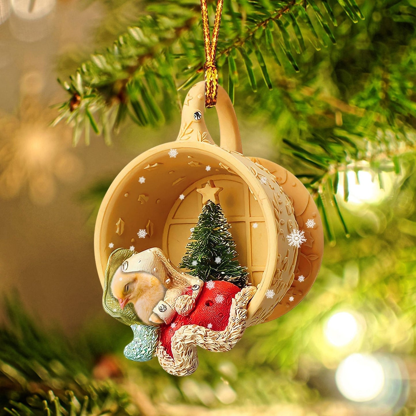 Ornament- Chick Sleeping in a tiny cup Christmas Holiday-Two Sided Ornament, Christmas Ornament, Car Ornament