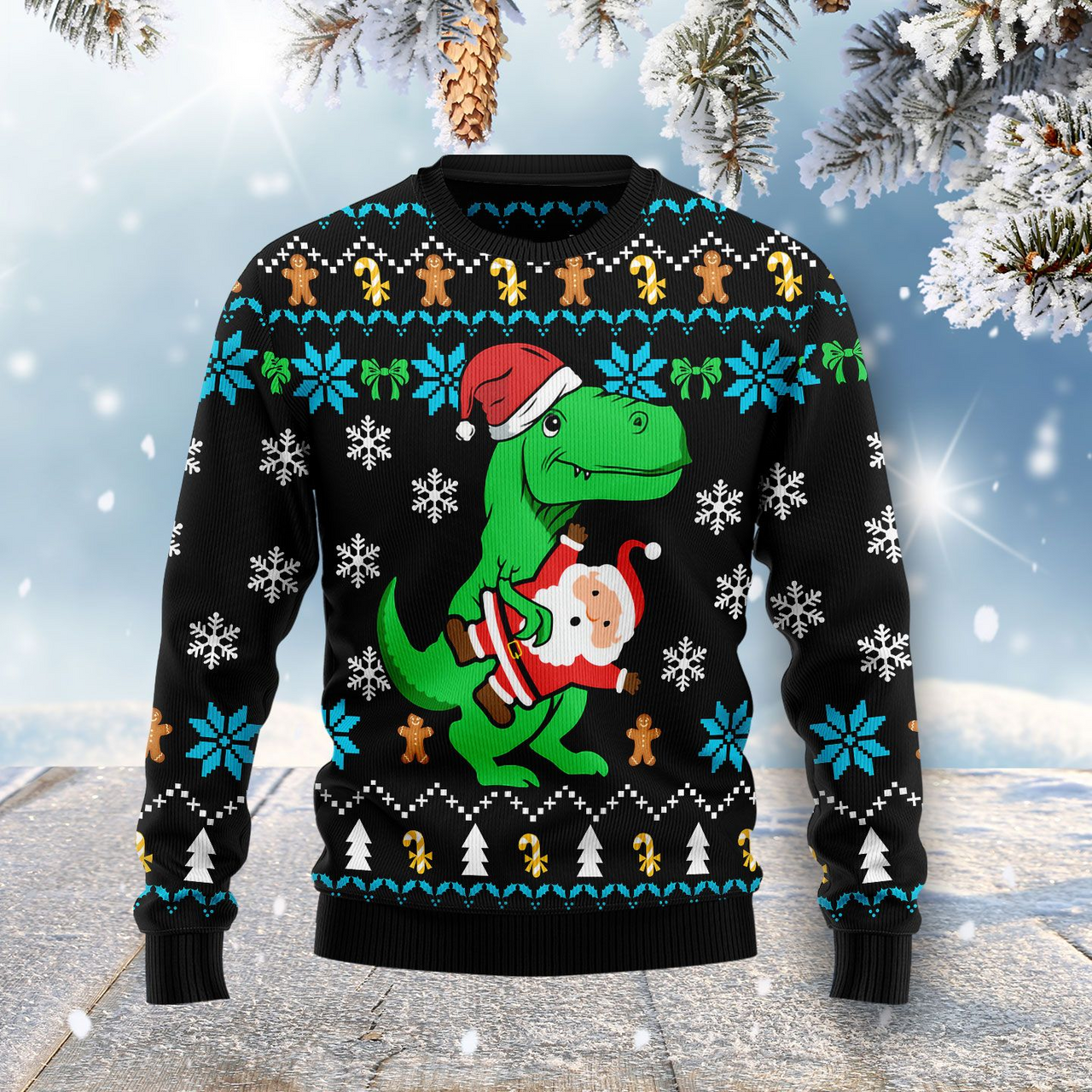 Dinosaur And Santa Claus Ugly Christmas Sweater