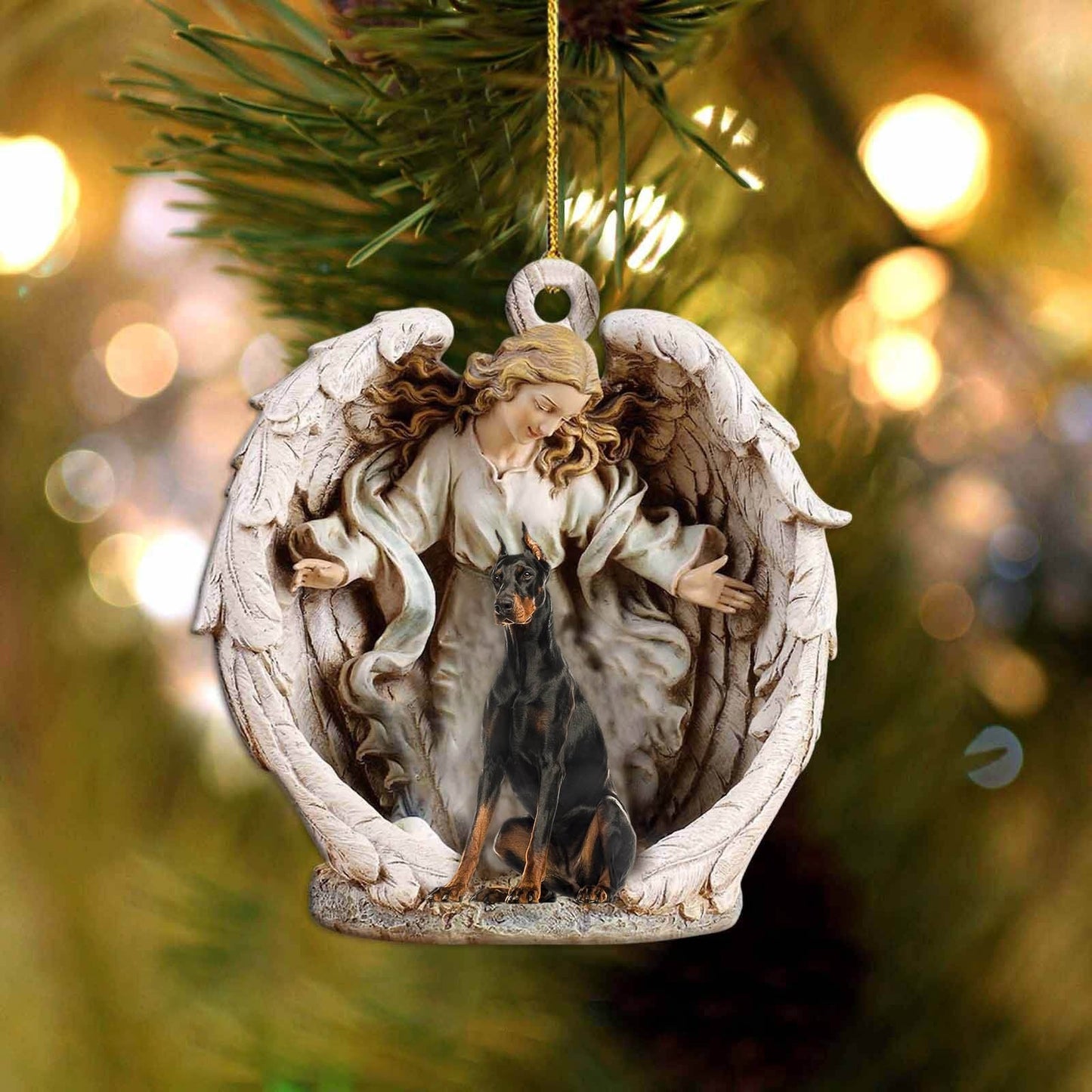 Doberman (2)-Angel Hug Winter Love Two Sided Ornament