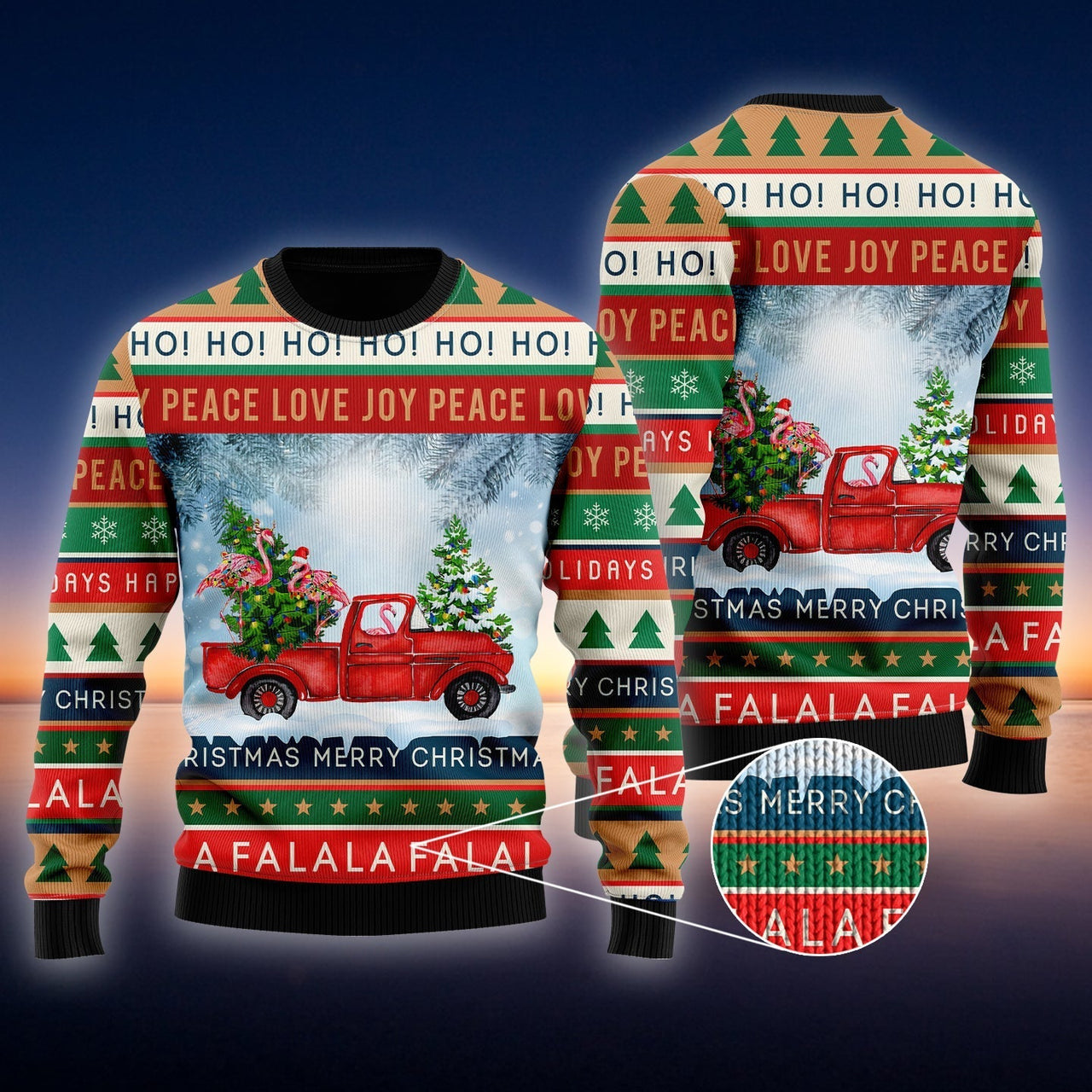 Funny Flamingo With Red Truck Christmas Holiday Ugly Christmas Sweater