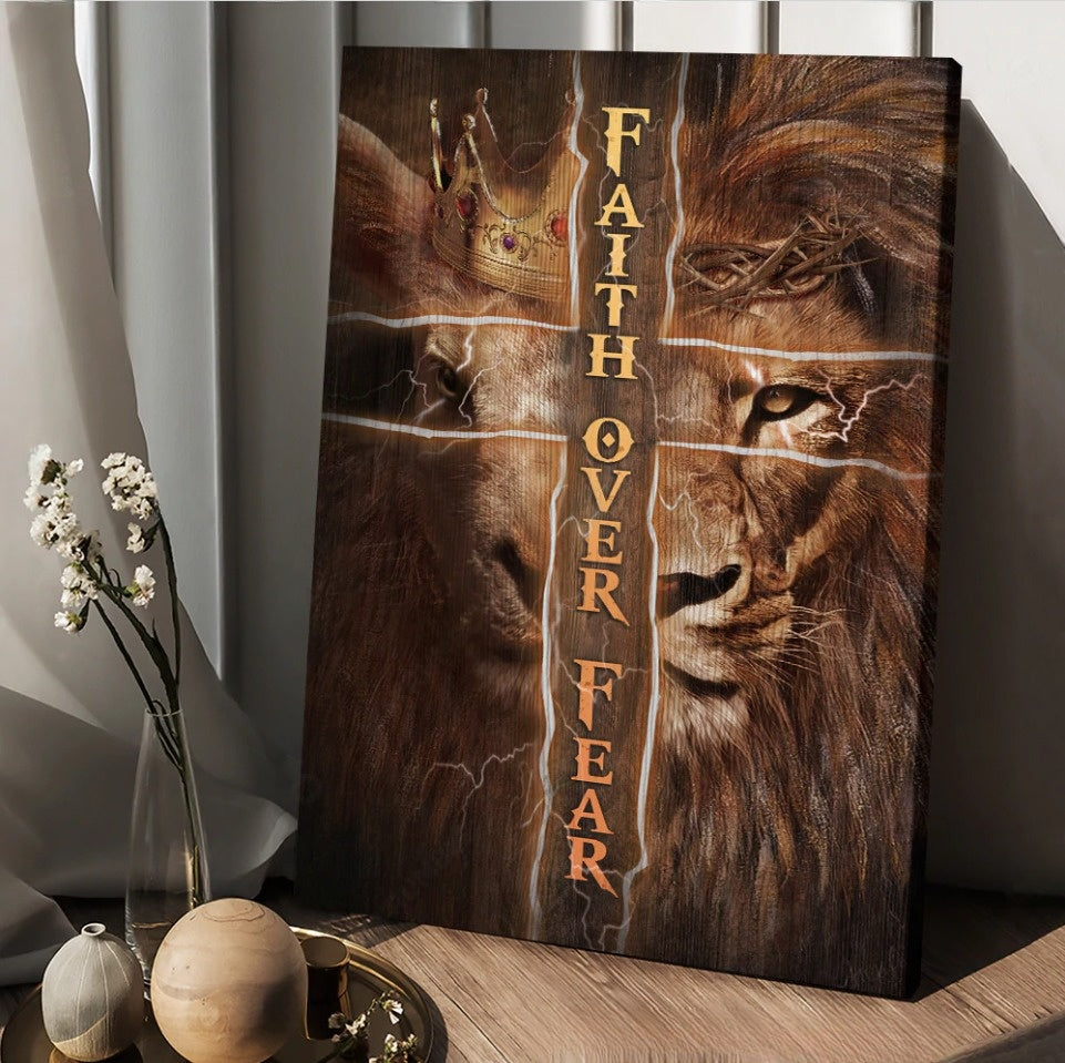 Golden crown, Lion king, Cross, Faith over fear - Matte Canvas