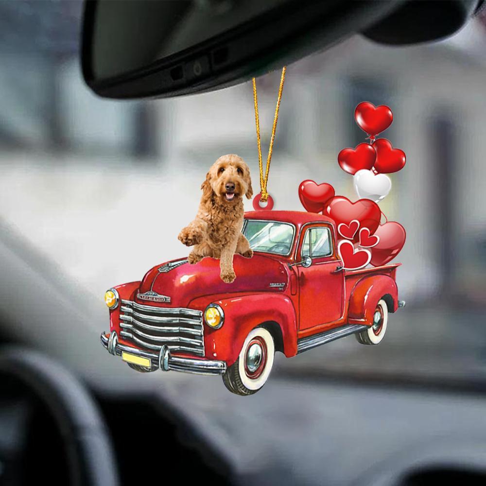 Goldendoodle-Red Sports Car-Two Sided Ornament
