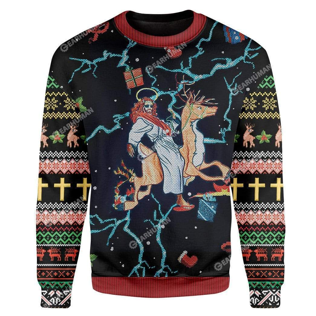Jesus Riding Reindeer Ugly Christmas Sweater