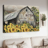 Antique house, Sunflower field, White butterfly, Life is better on the farm - Jesus Landscape Canvas Prints, Home Decor Wall Art