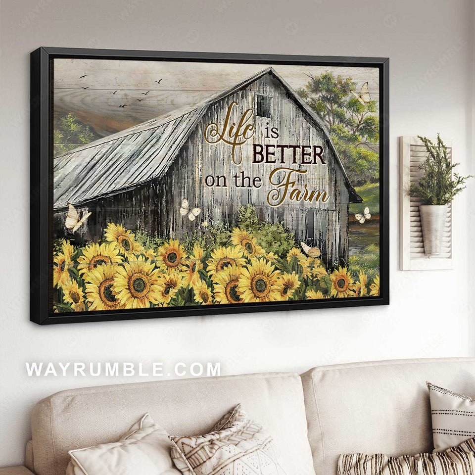 Antique house, Sunflower field, White butterfly, Life is better on the farm - Jesus Landscape Canvas Prints, Home Decor Wall Art
