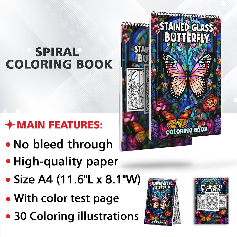 Stained Glass Butterfly Spiral Bound Coloring Book: 30 Exquisite Coloring Page