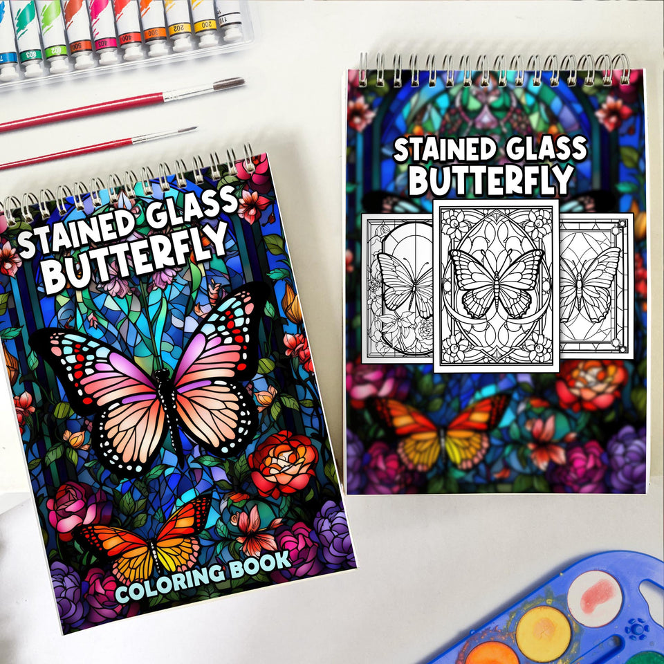 Stained Glass Butterfly Spiral Bound Coloring Book: 30 Exquisite Coloring Page