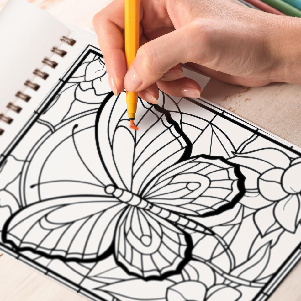 Stained Glass Butterfly Spiral Bound Coloring Book: 30 Exquisite Coloring Page