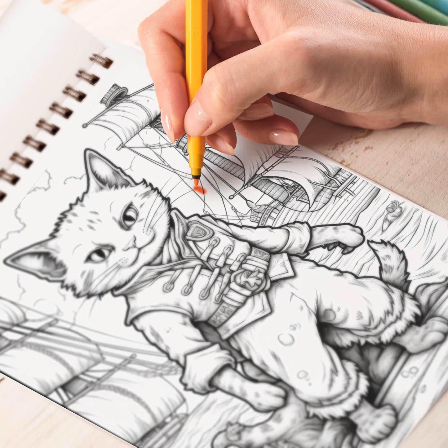 Pirate Cat Coloring Book (Grayscale) Spiral Bound Coloring Book: 30 Charming Pages for Coloring Enthusiasts to Embrace the Shadows, Textures, and Details of the Pirate Cat's Adventures