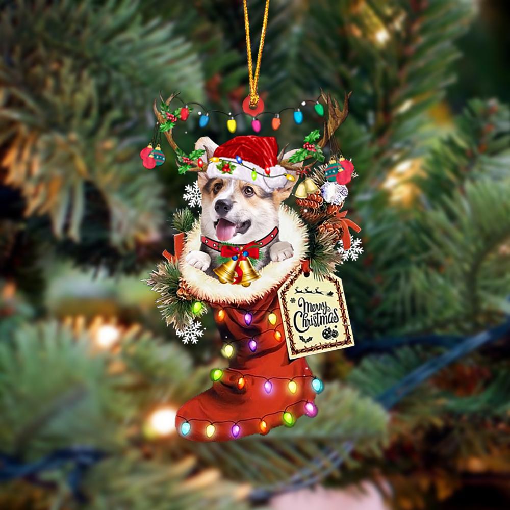 Ornament- Pembroke Welsh Corgi 1-Xmas Boot-Two Sided Ornament, Happy Christmas Ornament, Car Ornament