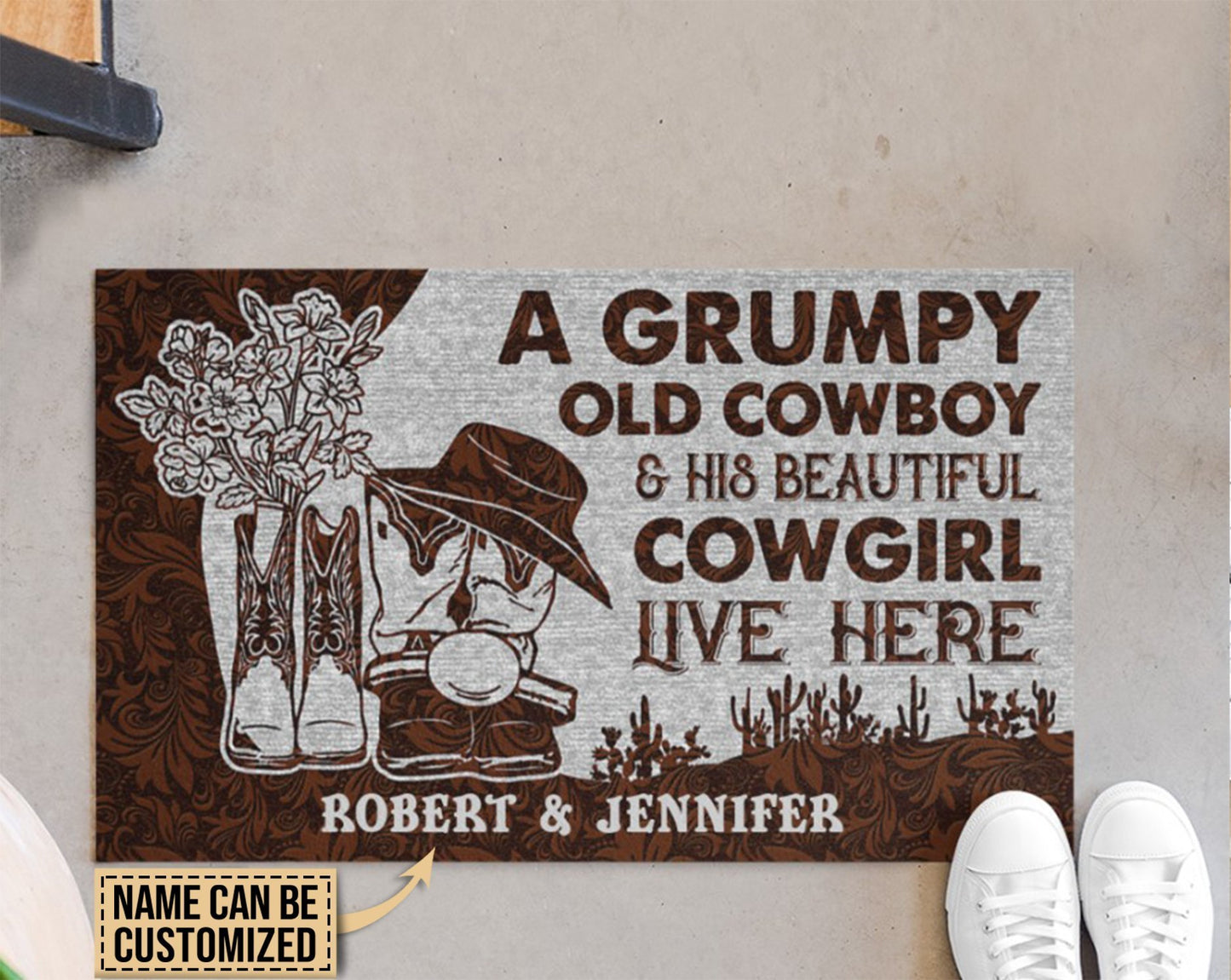 Personalized Cowboy And Cowgirl Live Here Leather Customized Doormat