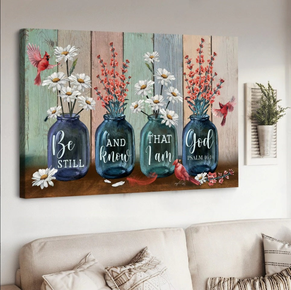 Red apricot blossom Daisy flower Cardinal Be still and know that I am God - Matte Canvas