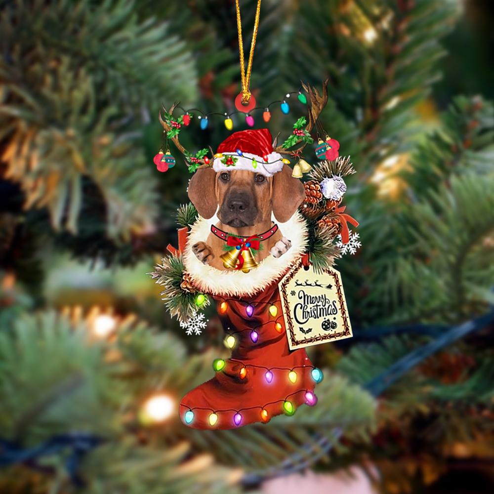 Godmerch- Ornament- Rhodesian Ridgeback-Xmas Boot-Two Sided Ornament, Happy Christmas Ornament, Car Ornament