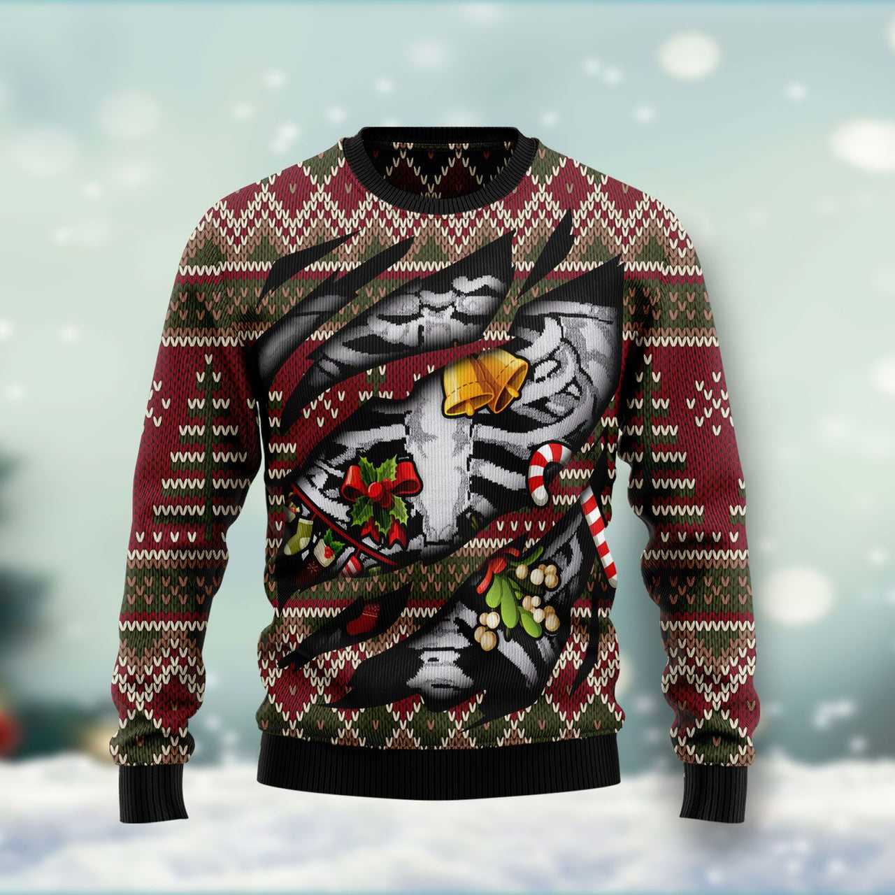 Skeleton Candy Cane Ugly Christmas Sweater