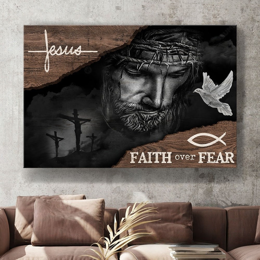 Jesus faith over fear black and white painting - Matte Canvas