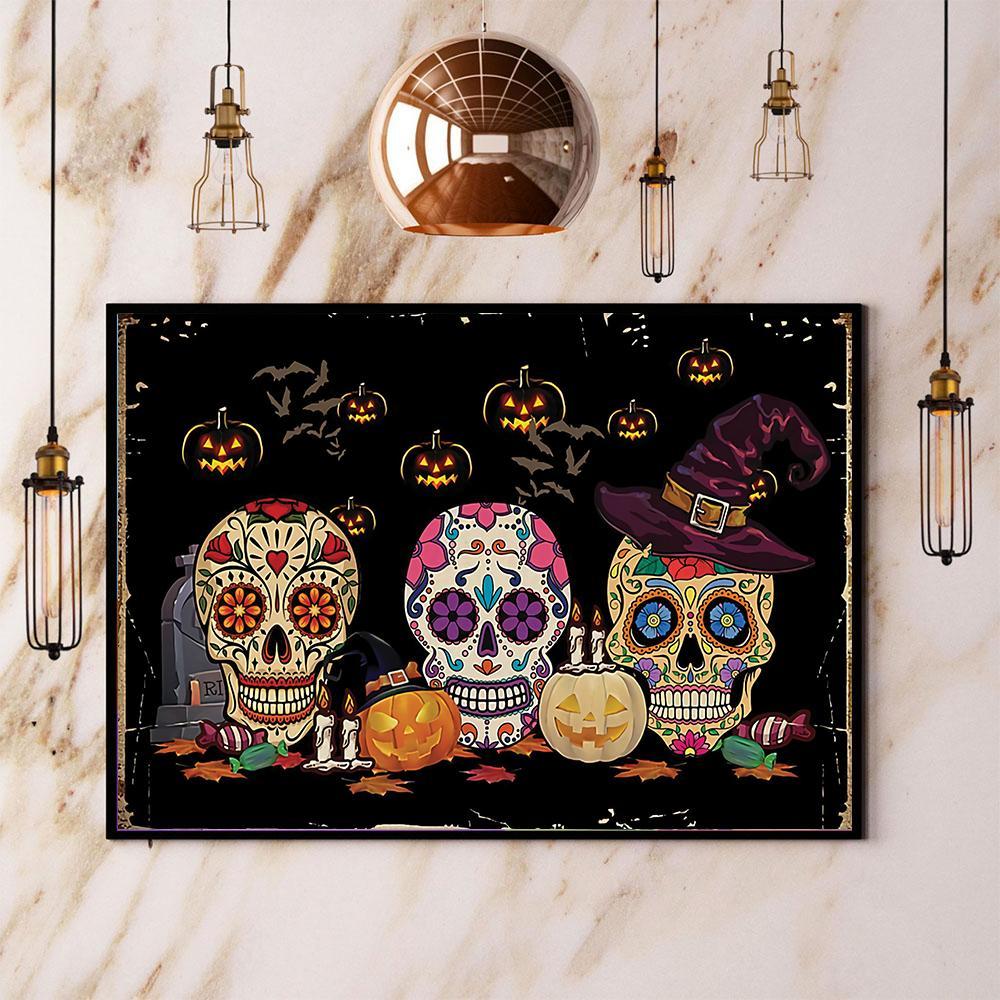 Sugar Skulls Halloween Scary Pumpkin Canvas And Poster, Wall Decor Visual Art, Halloween Gift, Happy Halloween