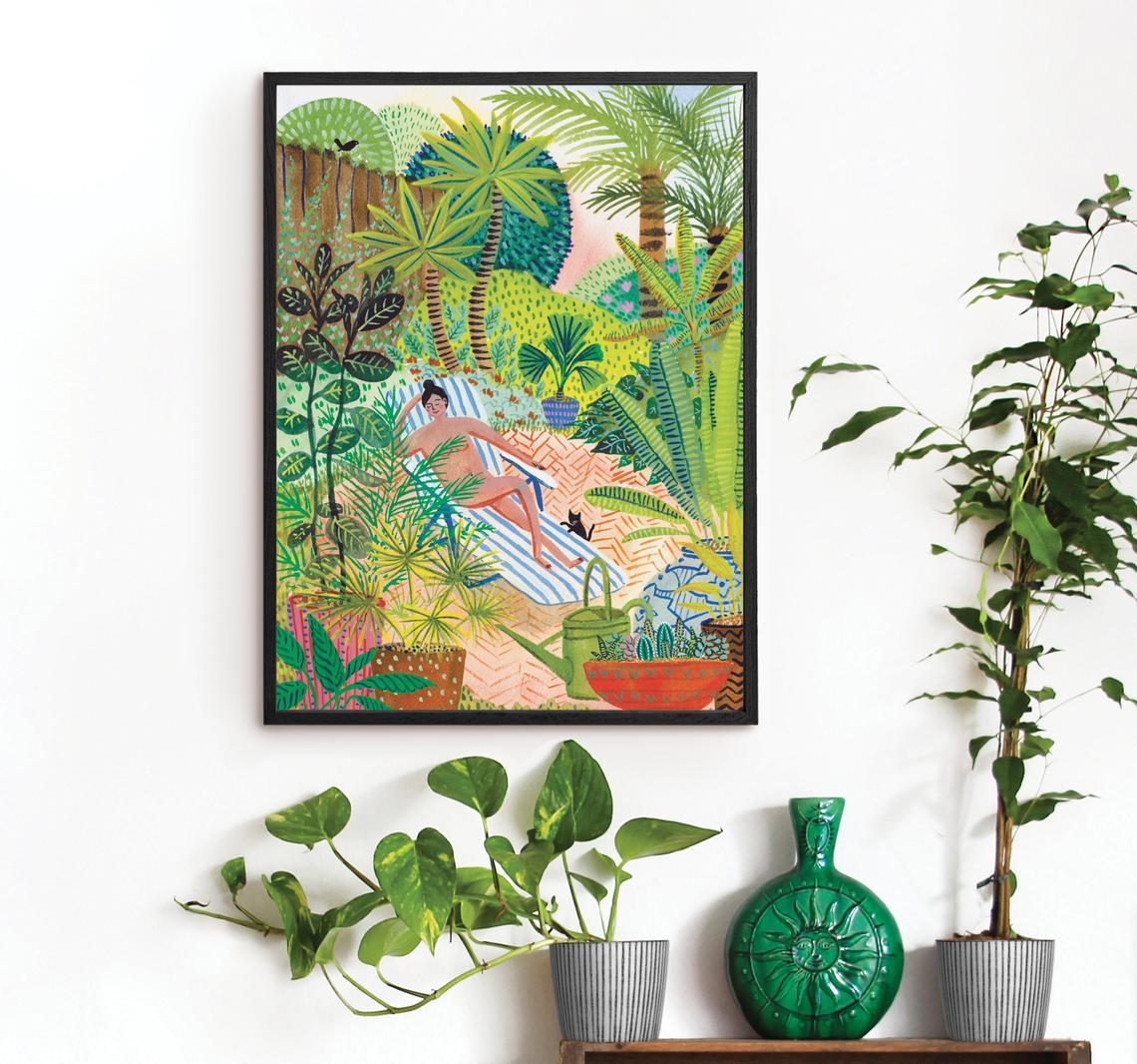 Sunbathing Nude Lady Art Print Painting. Tropical Garden With Botanical Plants Wall Art. Funny Comical Cat Canvas And Poster, Wall Decor Visual Art