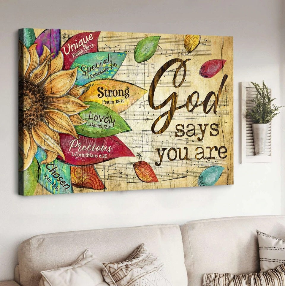 Sunflower drawing, Flower petals, Music sheet, God says you are - Matte Canvas