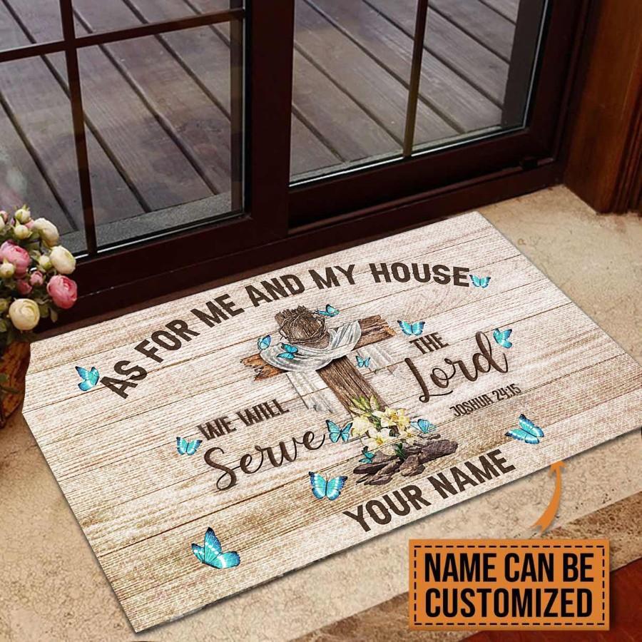 Gift For Christian As For Me And My House We Will Serve The Lord Personalized Non-Slip Rubber Backing Doormat