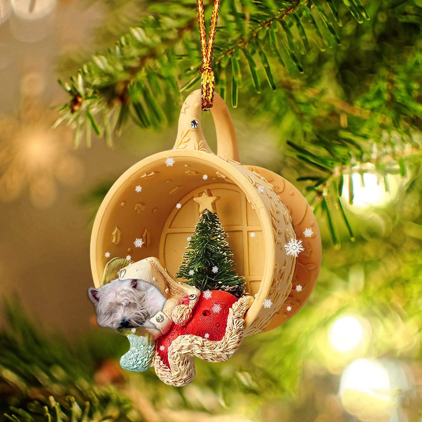 Godmerch- West Highland White Terrier Sleeping In A Cup Christmas Ornament, Car Ornament, Christmas Ornament