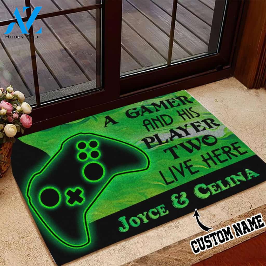 A gamer and his player two live here doormat Custom