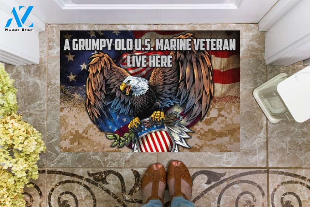 A Grumpy Old U.S. Marine Veteran Live Here Doormat Welcome Mat Housewarming Gift Home Decor Funny Doormat Gift For Marine Veteran