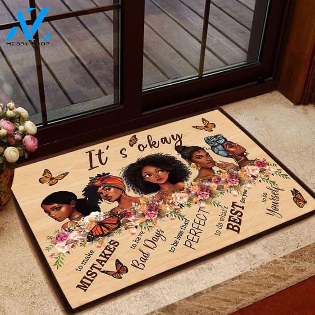 Afro Women Butterflies It's Ok Rug Doormat Indoor and Outdoor Mat Entrance Rug Sweet Home Decor Housewarming Gift Gift for Friend Family