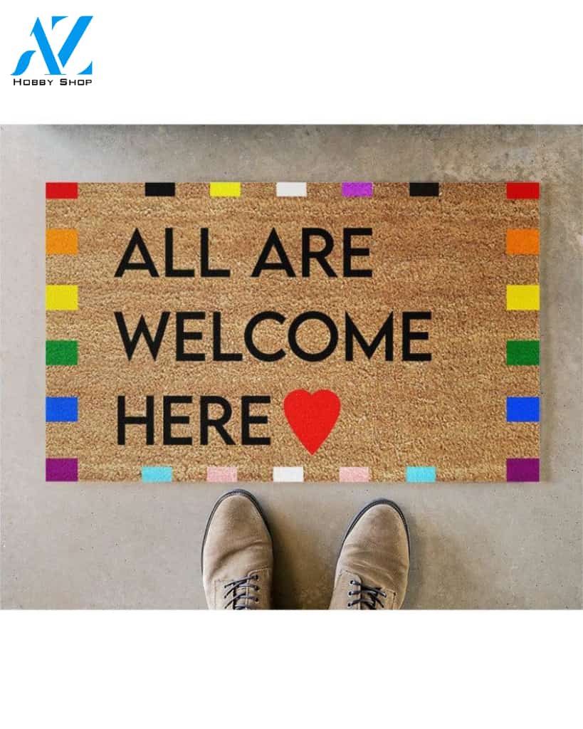 All Are Welcome Here LGBT Doormat Welcome Mat Housewarming Gift Home Decor Funny Doormat Best Gift Idea For Friend Gift For Family