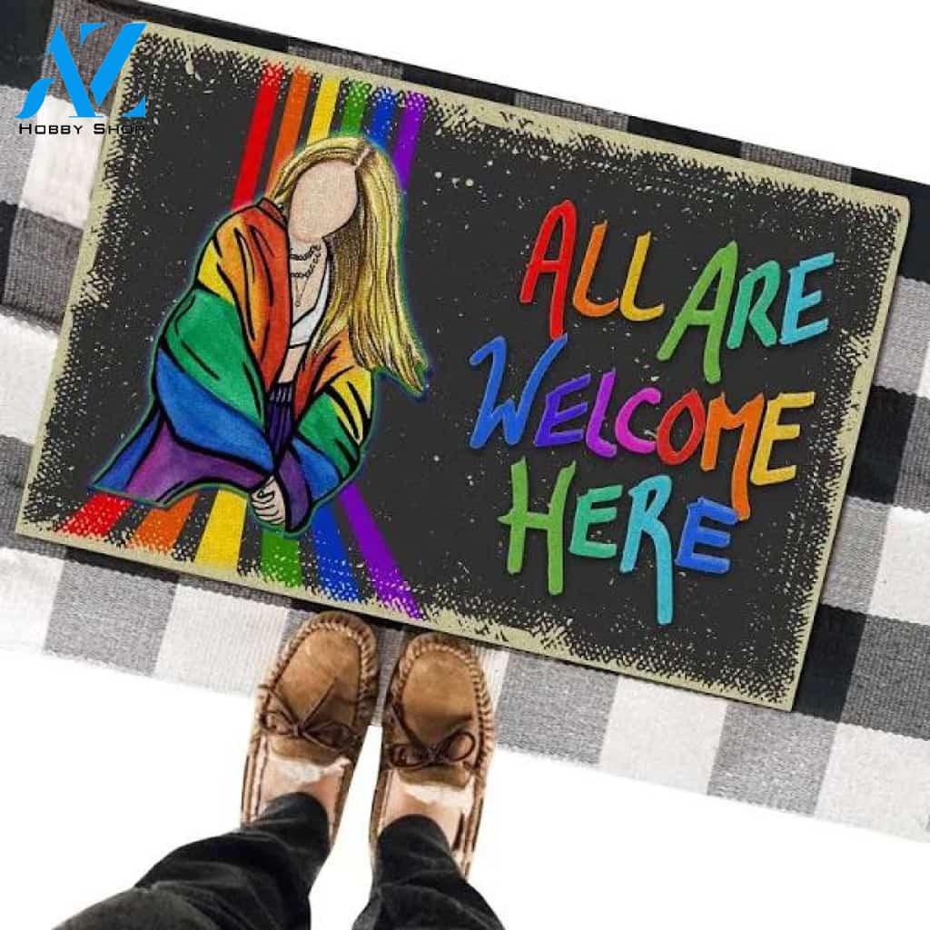 All Are Welcome Here LGBT Girl Rainbow Vintage Retro Doormat For LGBTQ Community Large