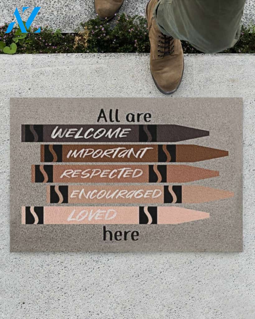 All Are Welcome Important Respected Encouraged Loved Here Doormat Doormat Welcome Mat House Warming Gift Home Decor Funny Doormat Gift Idea