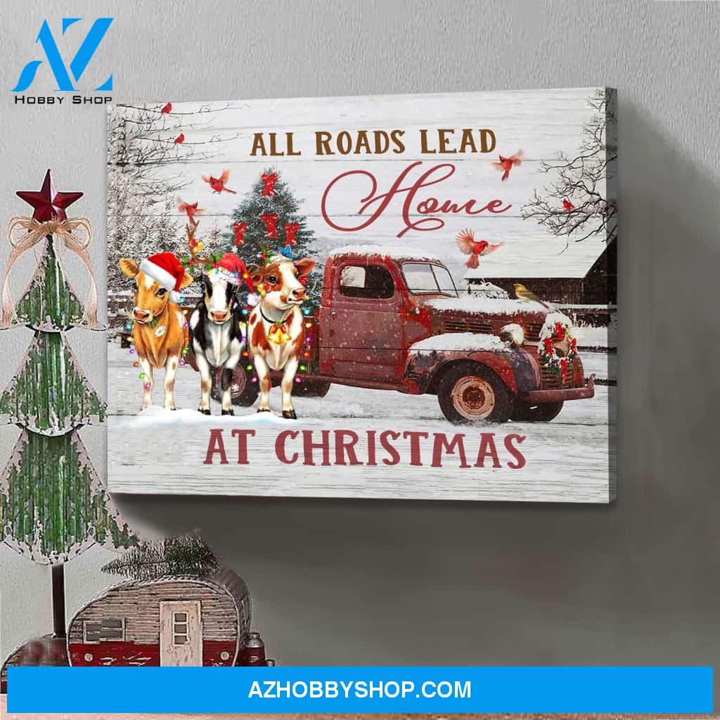 All roads lead home at Christmas Cow Canvas Wall Art, Wall Decor Visual Art