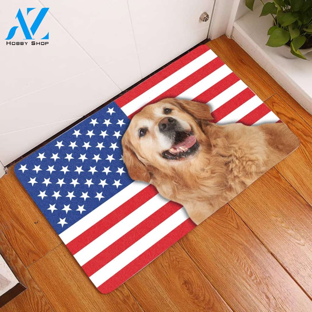 Amazing Golden Retriever With American Flag HT12806 - Door Mat | Welcome Mat | House Warming Gift