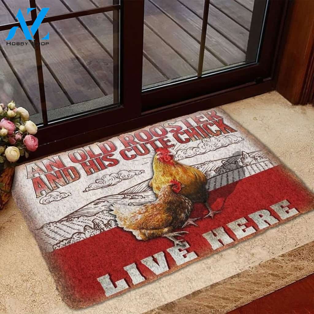 An Old Rooster And His Cute Chick Live Here Welcome Mat Doormat Welcome Mat House Warming Gift Home Decor Funny Doormat Gift Idea