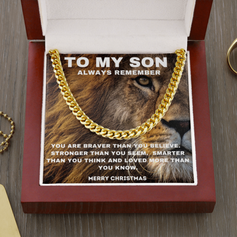 To My Son Lion Necklace - Always remember You are Braver Than You Believe Merry Christmas Cuban Link Chain Necklace LX342P