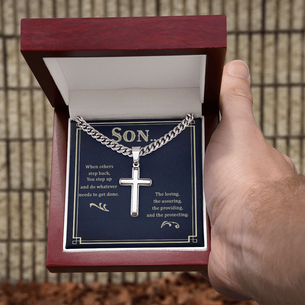 Son when others step back Personalized Cross Necklace with Cuban Chain