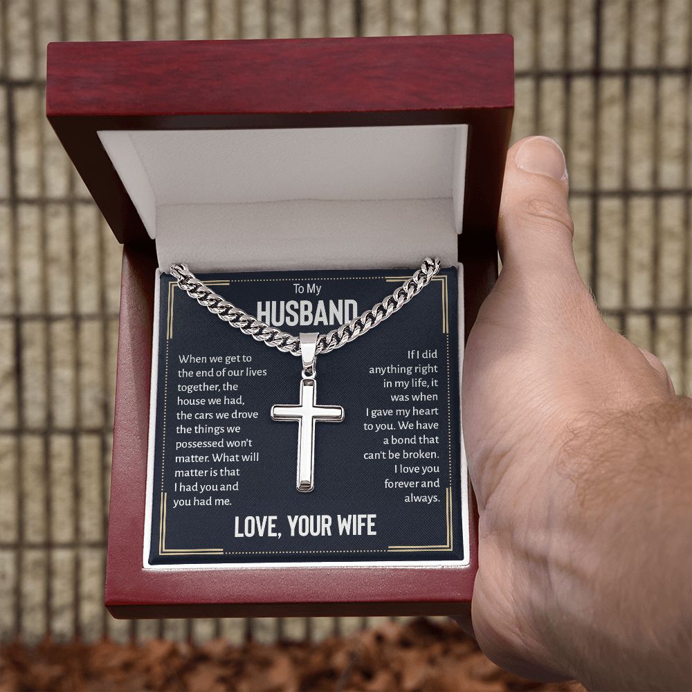 To my husband - when we get to the end of our lives Personalized Cross Necklace with Cuban Chain