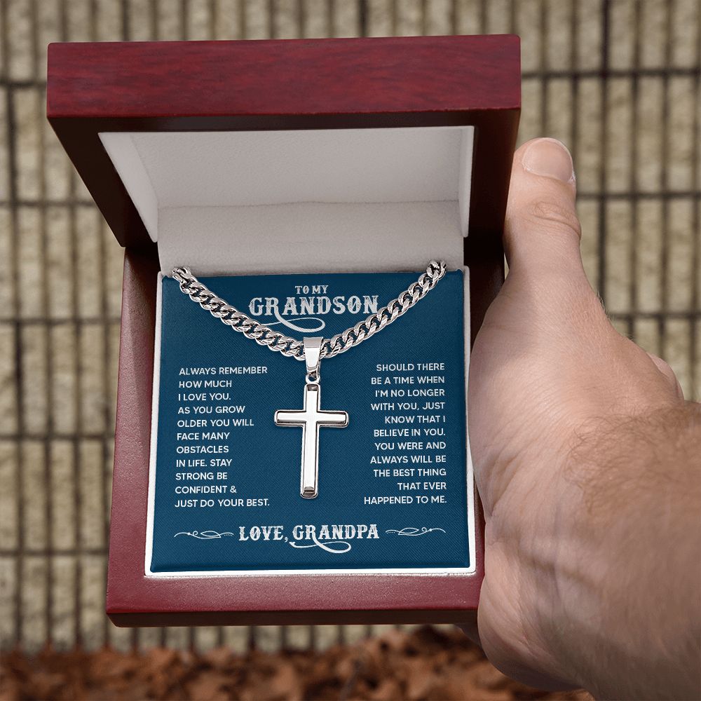 To My Grandson - Always remember how much I love you Personalized Cross Necklace with Cuban Chain