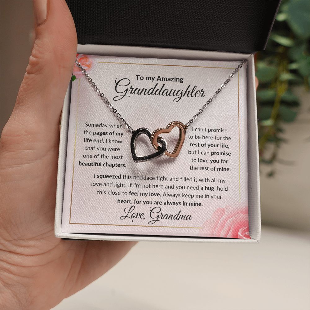 Rose Flower With Pink Background Interlocking Hearts Necklace To My Amazing Granddaughter Gift From Grandma