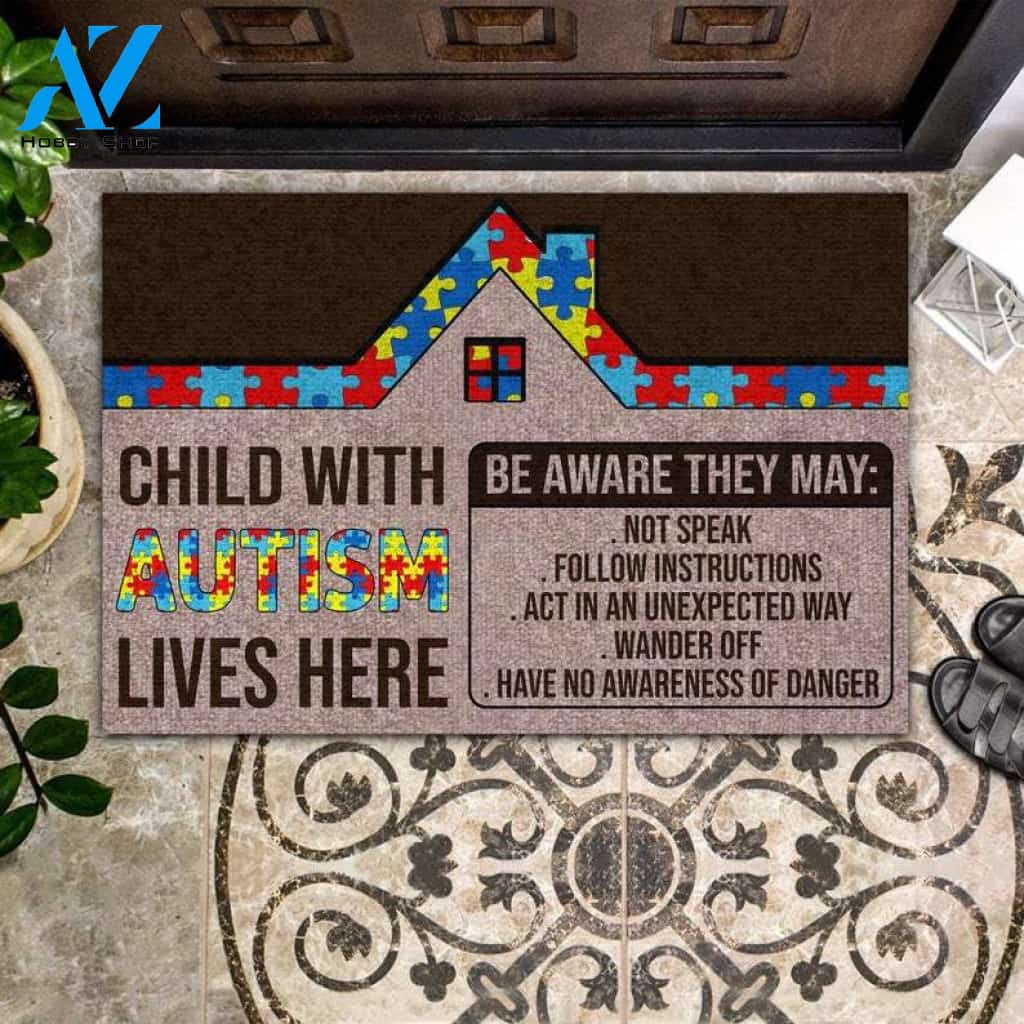 Autism - Child With Autism Lives Here Indoor and Outdoor Doormat Warm House Gift Welcome Mat Gift for Friend Family