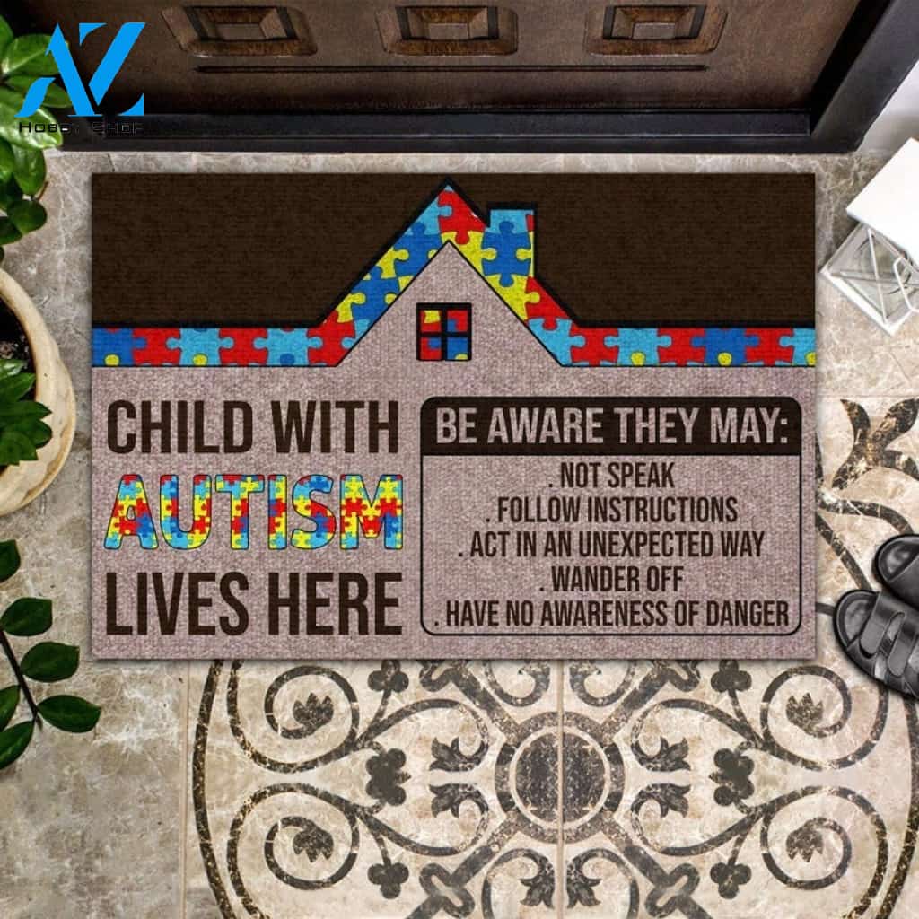 Autism - Child With Autism Lives Here Indoor and Outdoor Doormat Warm House Gift Welcome Mat Gift for Friend Family
