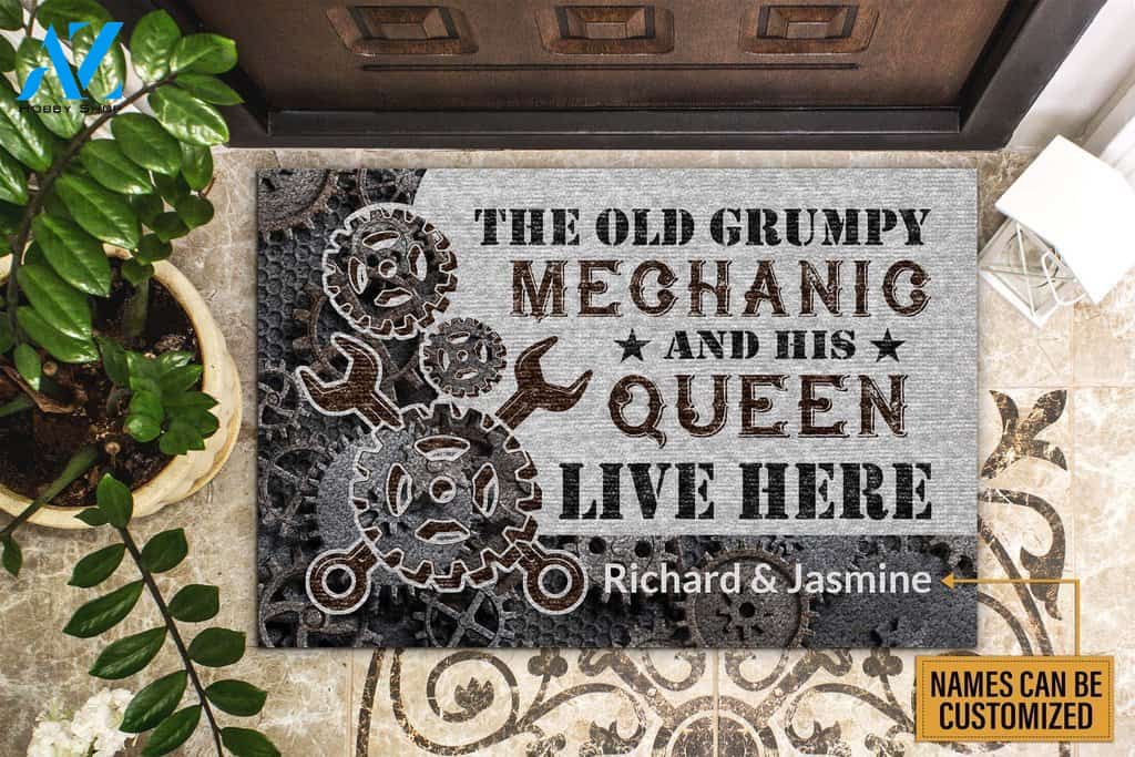Auto Mechanic The Old Grumpy Mechanic And His Queen Live Here Custom Doormat | Welcome Mat | House Warming Gift